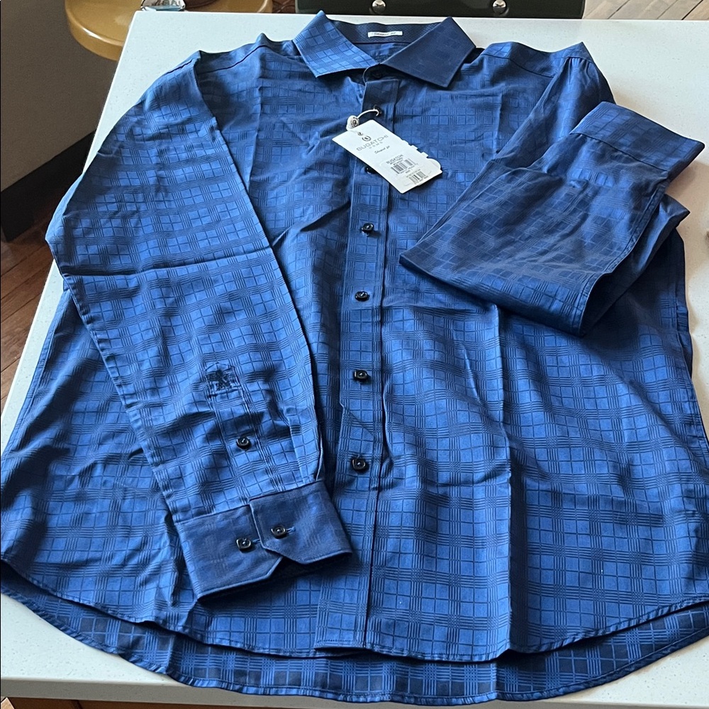 NWT Bugatchi Oooh Cotton Julian Windowpane Shirt Large Navy